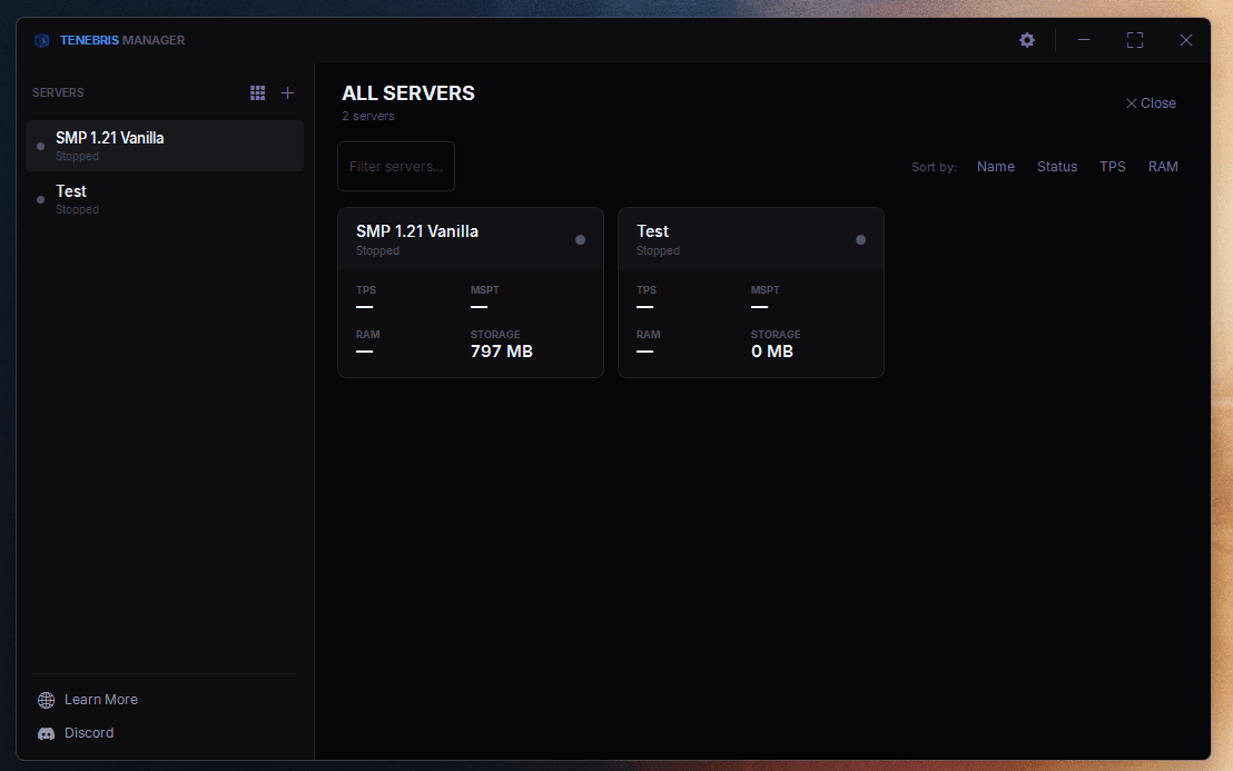 Servers panel